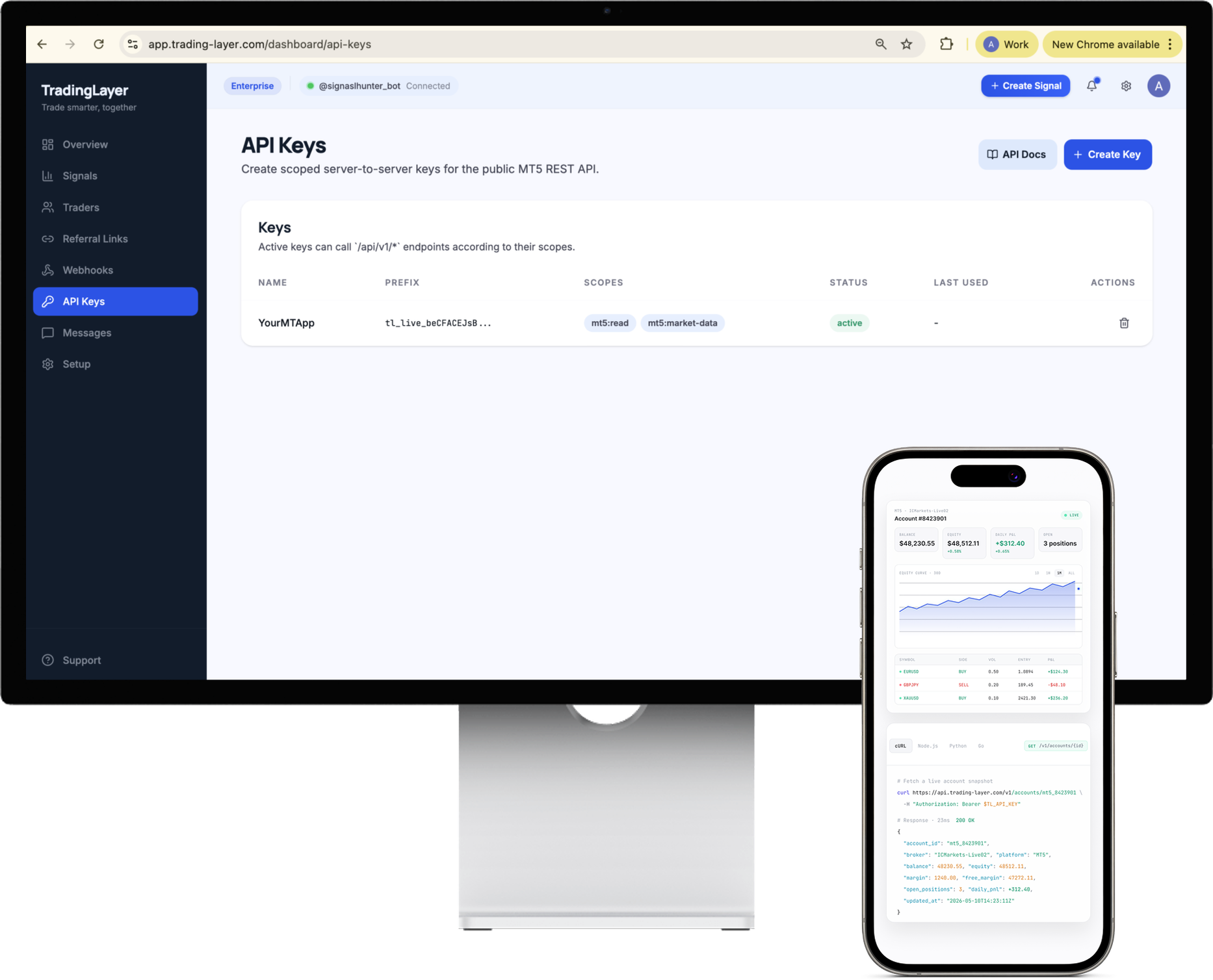 TradingLayer API Keys dashboard connected in real time to a mobile app